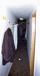 Gang im Bormannshaus - Verbindung zwischen Wohntrakt und Wirtschaftstrakt, Haferkammer und hinterem Eingang. Das Bormannshaus ist in Nord-Süd-Richtung ausgerichtet. An der hinteren bergzugewandten Schmalseite des Fuhrherrenhauses befand sich der Zugang zum Heuboden und Raum für die Futtermittel der Pferde und Kühe. Der Gang hat eine Länge von ca. 10 m und ein Breite von ca. 1,50 m. Im hinteren Drittel befindet sich eine zweistufige Treppe, die das ansteigende Niveau am Berghang ausgleicht. Sie bildet zugleich den Übergang zum später angebauten hinteren Teil des Hauses.  Im Vordergrund ist die Tür zur Großen Kammer sichtbar. Dort wurden die Pferdedecken zum Trocknen ausgehängt. In späteren Zeiten diente die geräumige Kammer als Schlafzimmer und zur Unterbringung von Touristen. Von der Mitte des Ganges ging die sogenannte "Himmelbettkammer" ab. Der quadratische Raum von ca. 3,5 x 3,5 m Abmaßen diente als Schlafgemach der Hausbesitzer. Die Bezeichnung der Kammer rührte von dem dort aufgestellten Himmelbett ab. Es war noch zu Beginn des 20. Jahrhunderts im Gebrauch. Im hinteren Teil des Ganges geht auf der linken Seite die kleine Kammer, auch "Kinderzimmer" genannt ab. Auf der gegenüberliegenden Seite liegt die "Haferkammer". In diesem Raum befindet sich in der dem Gang zugewandten Ecke ein Verbindungsschacht zwischen dem Heuboden und den Stallungen. Der Heuboden zog sich über die gesamte Fläche des Hauses hin. Der Gang selbst wurde zum Trocknen von Wäsche genutzt. . 