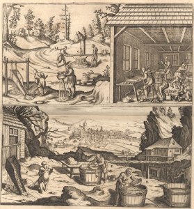 Aufbereitungsanlage - Kupferstich von J. Wichmann (nach Holzschnitt von Moses Thym) aus Löhneyss "Bericht vom Bergwerck“. Lizenziert unter Gemeinfrei über Wikimedia Commons - 2. Aufl. um 1660.